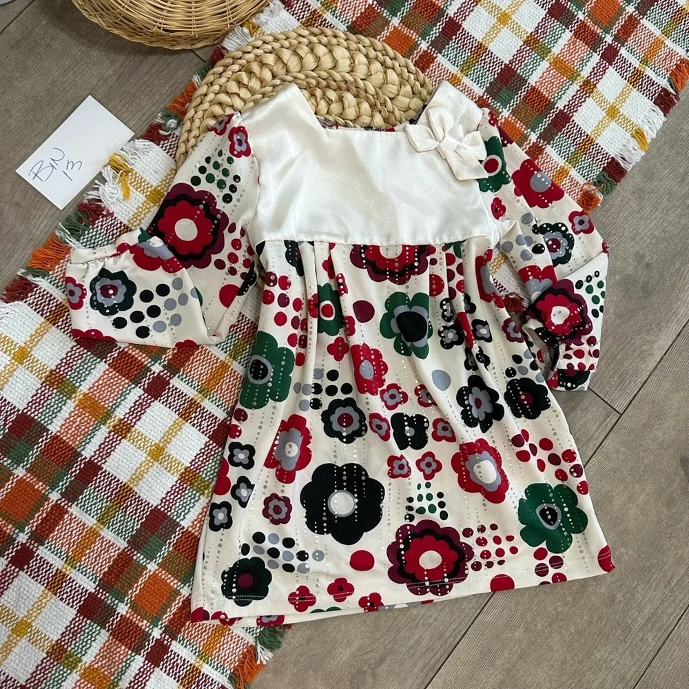 Y2K Children’s Place Girl Christmas Satiny Hippy Floral Dress Size 24 Months